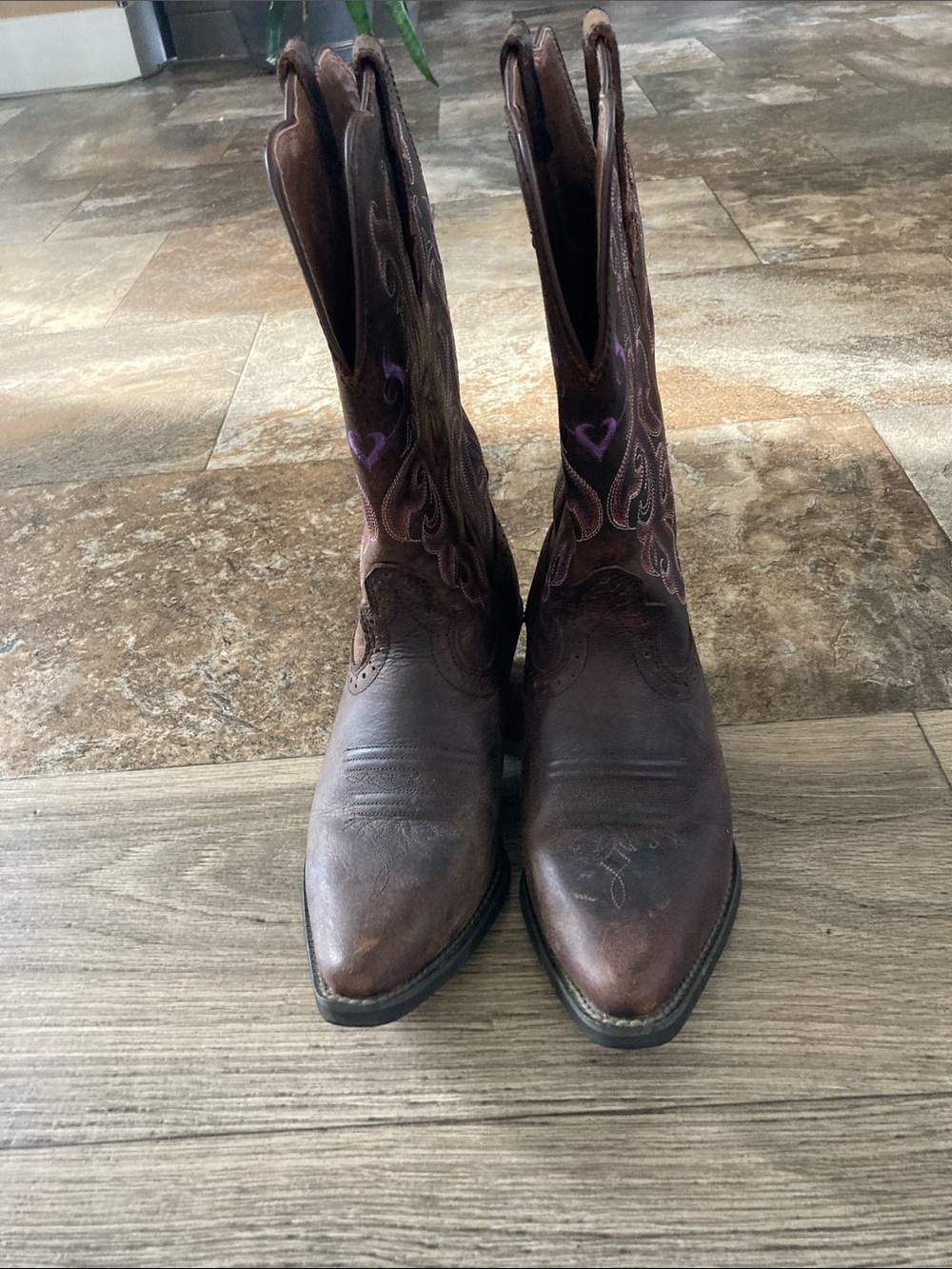 Justin Boots Brown Leather Women's Heeled Western Boots with Purple Stitching